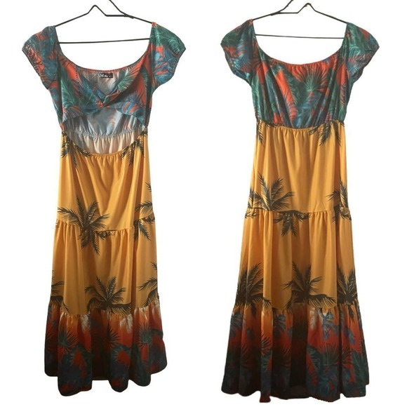 Ladies Tropical Print Hollow-out Design Off Shoulder V Neck Boho Maxi Dress - Picture 3 of 13